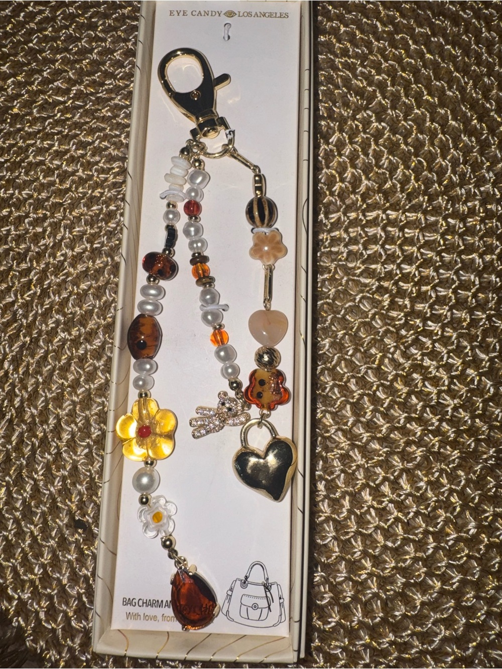 NWT Eye Candy Los Angeles Beaded Bag Charm -Gold, Amber, Pearl & Sparkling Teddy